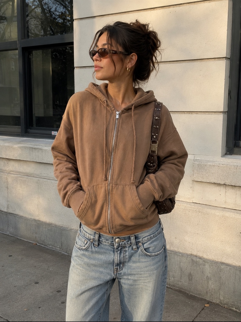 Hollister Brown Oversized Full Zip Hoodie Sweatshirt XXS Y2K